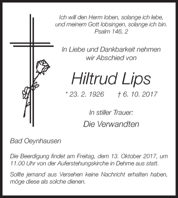 Traueranzeige von Hiltrud Lips von Westfalen-Blatt
