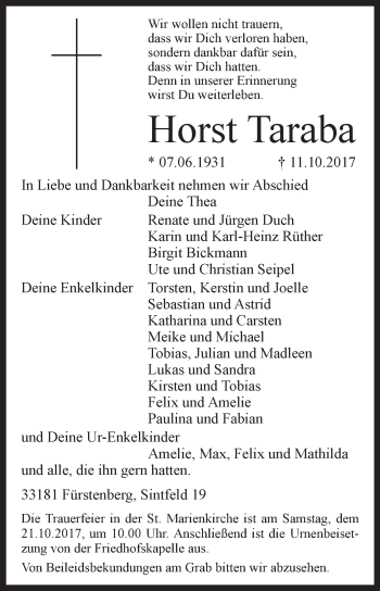 Traueranzeige von Horst Taraba von Westfalen-Blatt