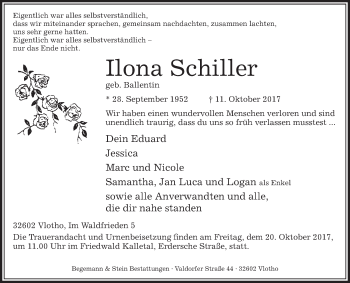 Traueranzeige von Ilona Schiller von Westfalen-Blatt