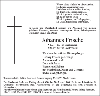 Traueranzeige von Johannes Frische von Westfalen-Blatt