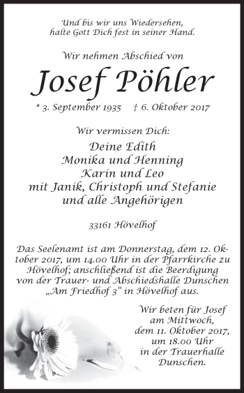 Traueranzeige von Josef Pöhler von Westfalen-Blatt