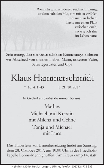 Traueranzeige von Klaus Hammerschmidt von Westfalen-Blatt