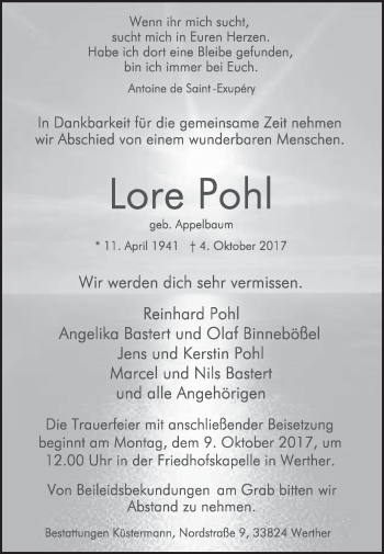 Traueranzeige von Lore Pohl von Westfalen-Blatt