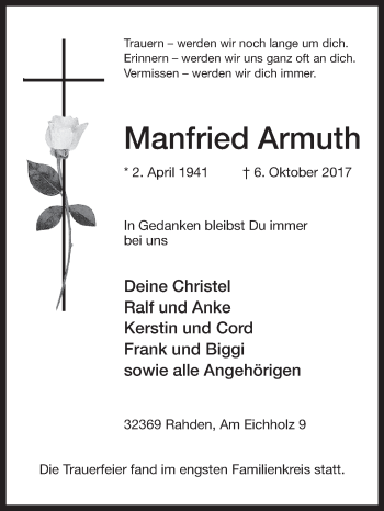 Traueranzeige von Manfried Armuth von Westfalen-Blatt