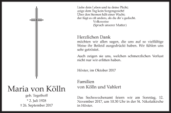 Traueranzeige von Maria  von Kölln von Westfalen-Blatt