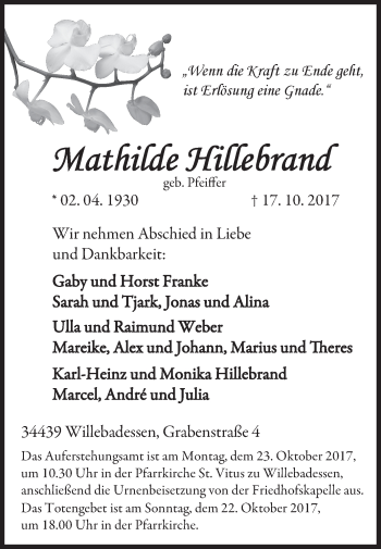 Traueranzeige von Mathilde Hillebrand von Westfalen-Blatt