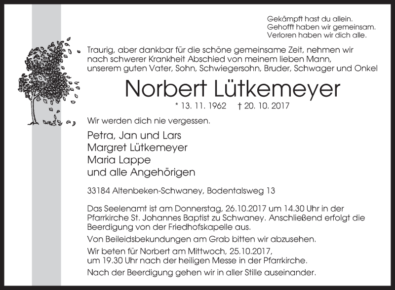  Traueranzeige für Norbert Lütkemeyer vom 23.10.2017 aus Westfalen-Blatt