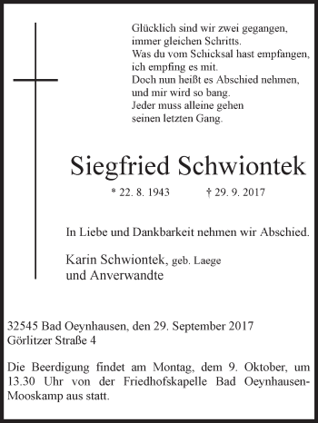 Traueranzeige von Siegfried Schwiontek von Westfalen-Blatt