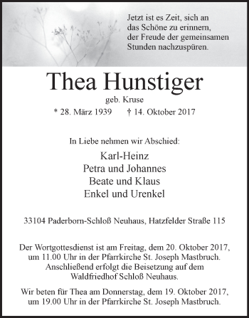 Traueranzeige von Thea Hunstiger von Westfalen-Blatt