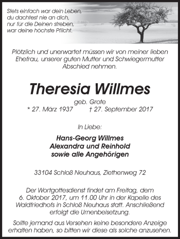 Traueranzeige von Theresia Willmes von Westfalen-Blatt