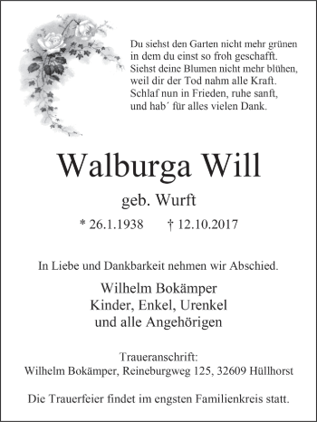 Traueranzeige von Walburga Will von Westfalen-Blatt