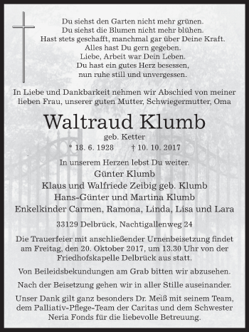 Traueranzeige von Waltraud Klumb von Westfalen-Blatt