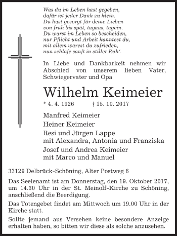 Traueranzeige von Wilhelm Keimeier von Westfalen-Blatt