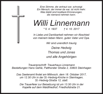 Traueranzeige von Willi Linnemann von Westfalen-Blatt