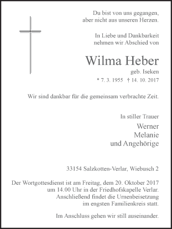 Traueranzeige von Wilma Heber von Westfalen-Blatt