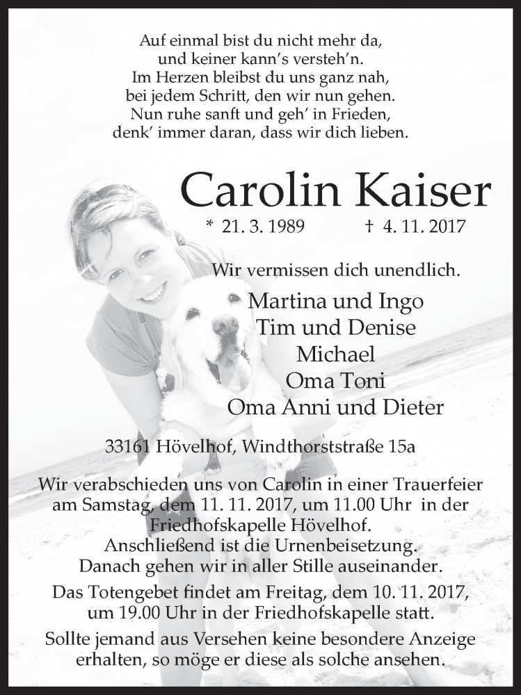  Traueranzeige für Carolin Kaiser vom 07.11.2017 aus Westfalen-Blatt