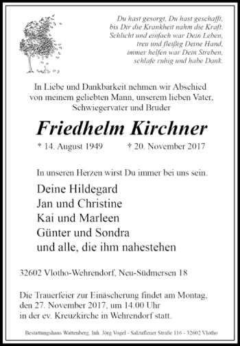 Traueranzeige von Friedhelm Kirchner von Westfalen-Blatt