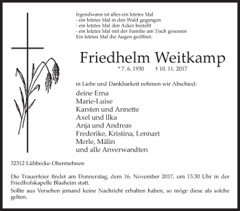Traueranzeige von Friedhelm Weitkamp von Westfalen-Blatt