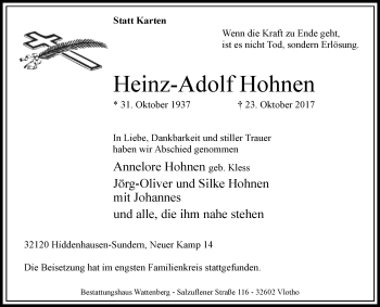 Traueranzeige von Heinz-Adolf Hohnen von Westfalen-Blatt