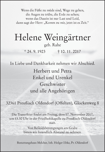 Traueranzeige von Helene Weingärtner von Westfalen-Blatt