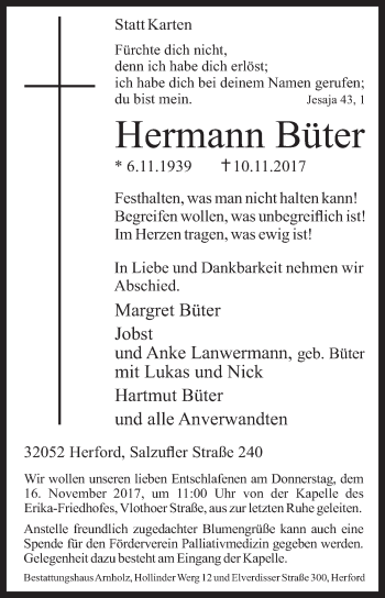 Traueranzeige von Hermann Büter von Westfalen-Blatt