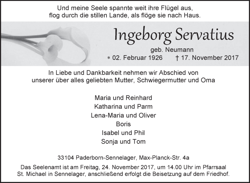  Traueranzeige für Ingeborg Servatius vom 21.11.2017 aus Westfalen-Blatt