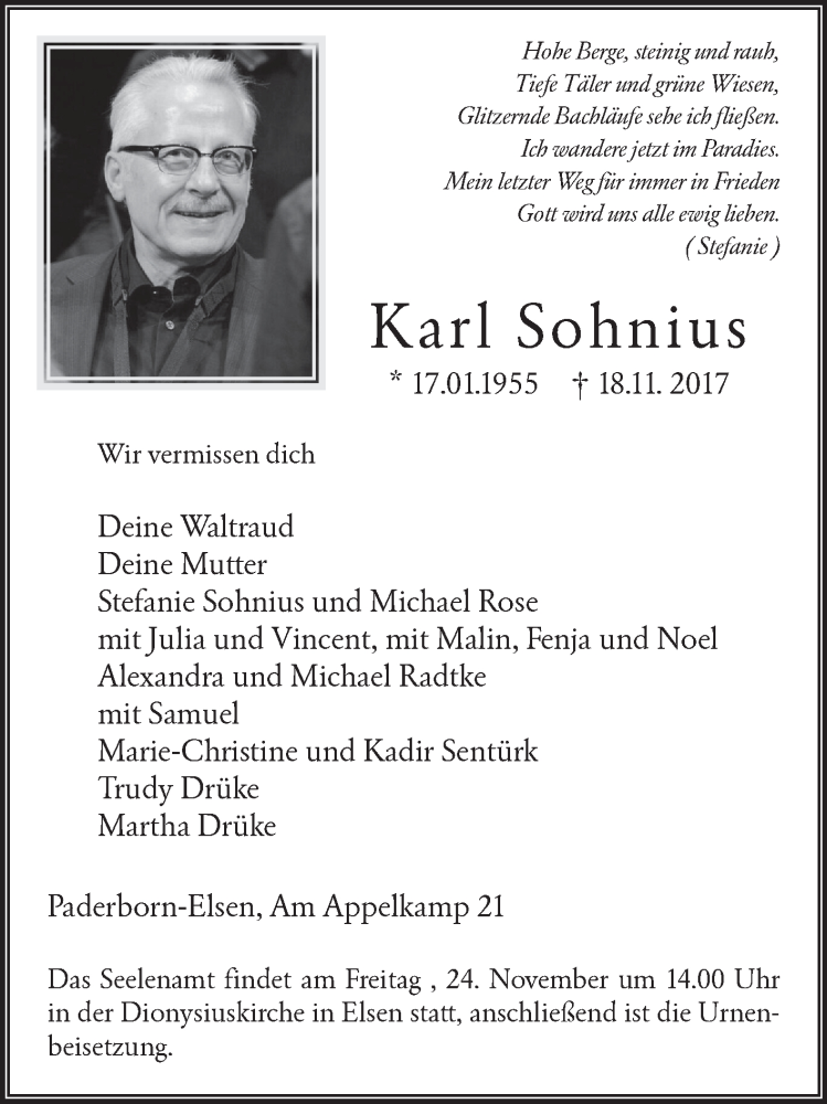  Traueranzeige für Karl Sohnius vom 22.11.2017 aus Westfalen-Blatt