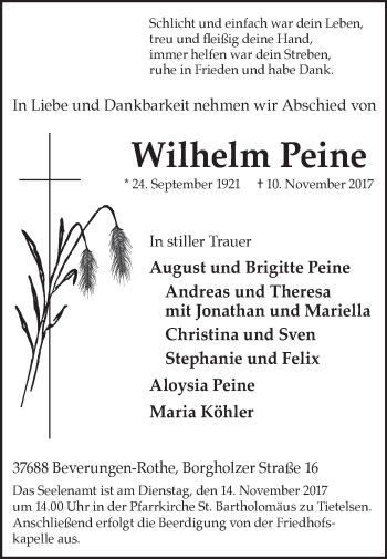 Traueranzeige von Wilhelm Peine von Westfalen-Blatt