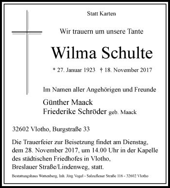 Traueranzeige von Wilma Schulte von Westfalen-Blatt