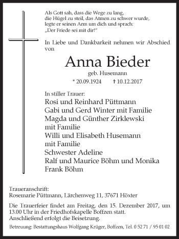Traueranzeige von Anna Bieder von Westfalen-Blatt