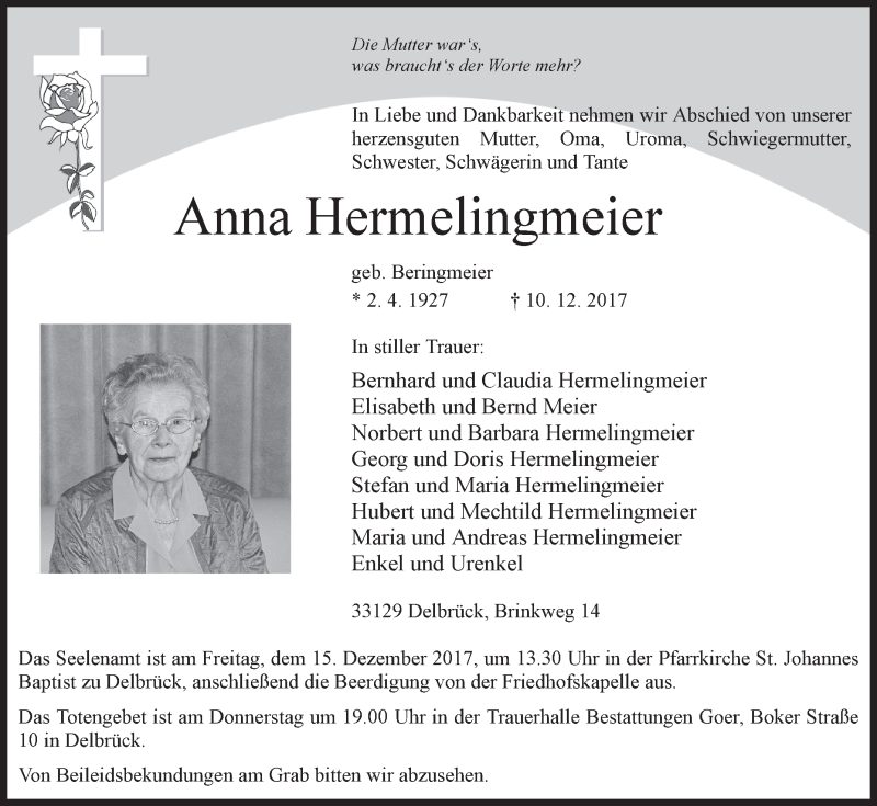 Traueranzeige für Anna Hermelingmeier vom 13.12.2017 aus Westfalen-Blatt
