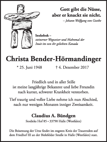 Traueranzeige von Christa Bender-Hörmandinger von Westfalen-Blatt
