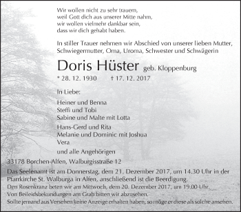 Traueranzeige von Doris Hüster von Westfalen-Blatt