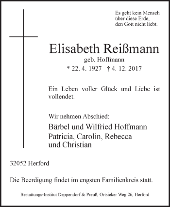 Traueranzeige von Elisabeth Reißmann von Westfalen-Blatt