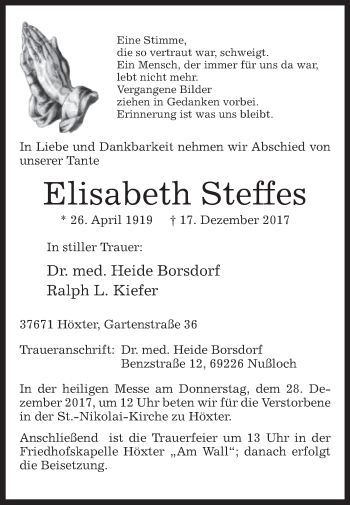 Traueranzeige von Elisabeth Steffes von Westfalen-Blatt