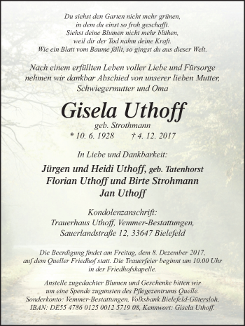 Traueranzeige von Gisela Uthoff von Westfalen-Blatt