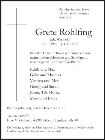 Traueranzeige von Grete Rohlfing von Westfalen-Blatt