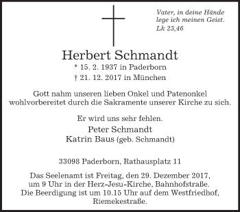 Traueranzeige von Herbert Schmandt von Westfalen-Blatt