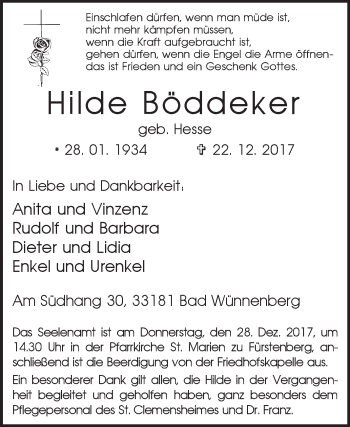 Traueranzeige von Hilde Böddeker von Westfalen-Blatt