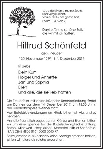 Traueranzeige von Hiltrud Schönfeld von Westfalen-Blatt
