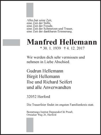 Traueranzeige von Manfred Hellemann von Westfalen-Blatt