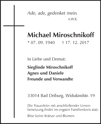 Traueranzeige von Michael Miroschnikoff von Westfalen-Blatt