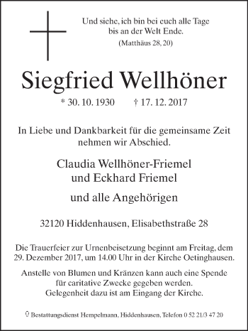 Traueranzeige von Siegfried Wellhöner von Westfalen-Blatt