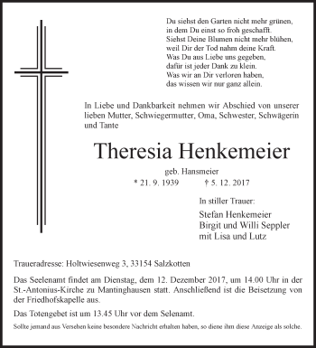 Traueranzeige von Theresia Henkemeier von Westfalen-Blatt