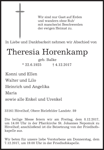 Traueranzeige von Theresia Horenkamp von Westfalen-Blatt