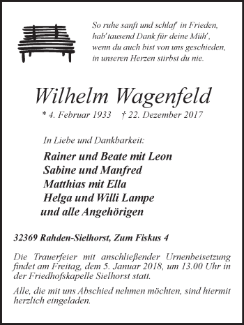 Traueranzeige von Wilhelm Wagenfeld von Westfalen-Blatt