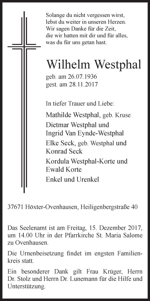  Traueranzeige für Wilhelm Westphal vom 02.12.2017 aus Westfalen-Blatt