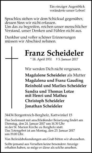 Traueranzeige von Franz Scheideler von Westfalen-Blatt