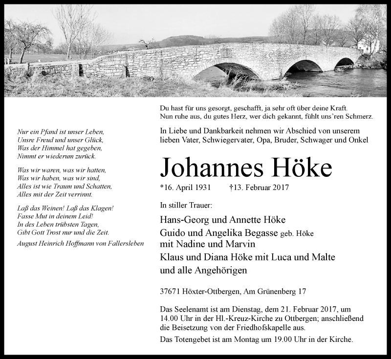  Traueranzeige für Helene & Johannes Höke vom 16.02.2017 aus Westfalen-Blatt