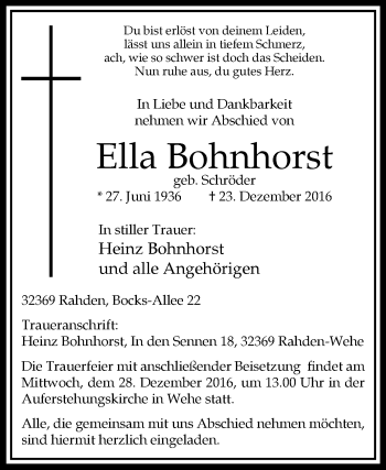 Traueranzeige von Ella Bohnhorst von Westfalen-Blatt